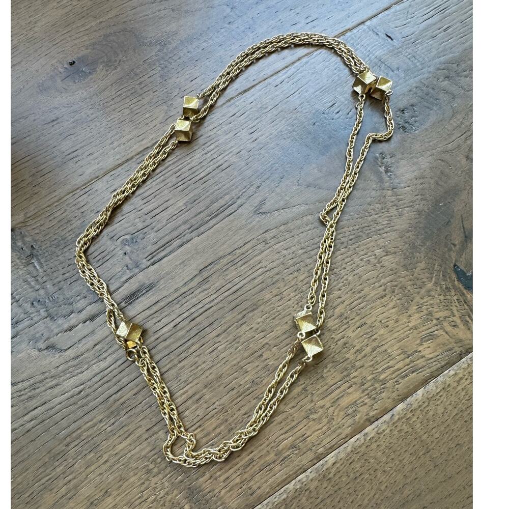 Monet Vintage Gold Tone Chain Station Necklace with Gold Cube Beads 26" - Picture 3 of 8